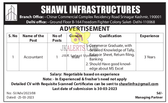 Accountant Job in Shawl infrastructures.