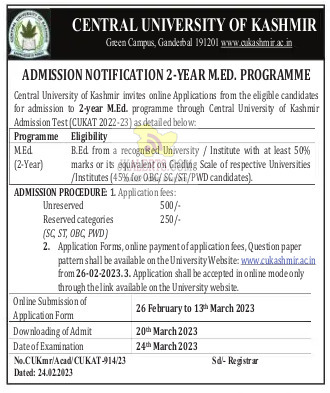 Admission Notice for 2-year M.Ed. Programme Central university of kashmir