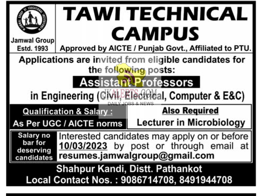 Assistant Professor Job in Tawi Technical Campus