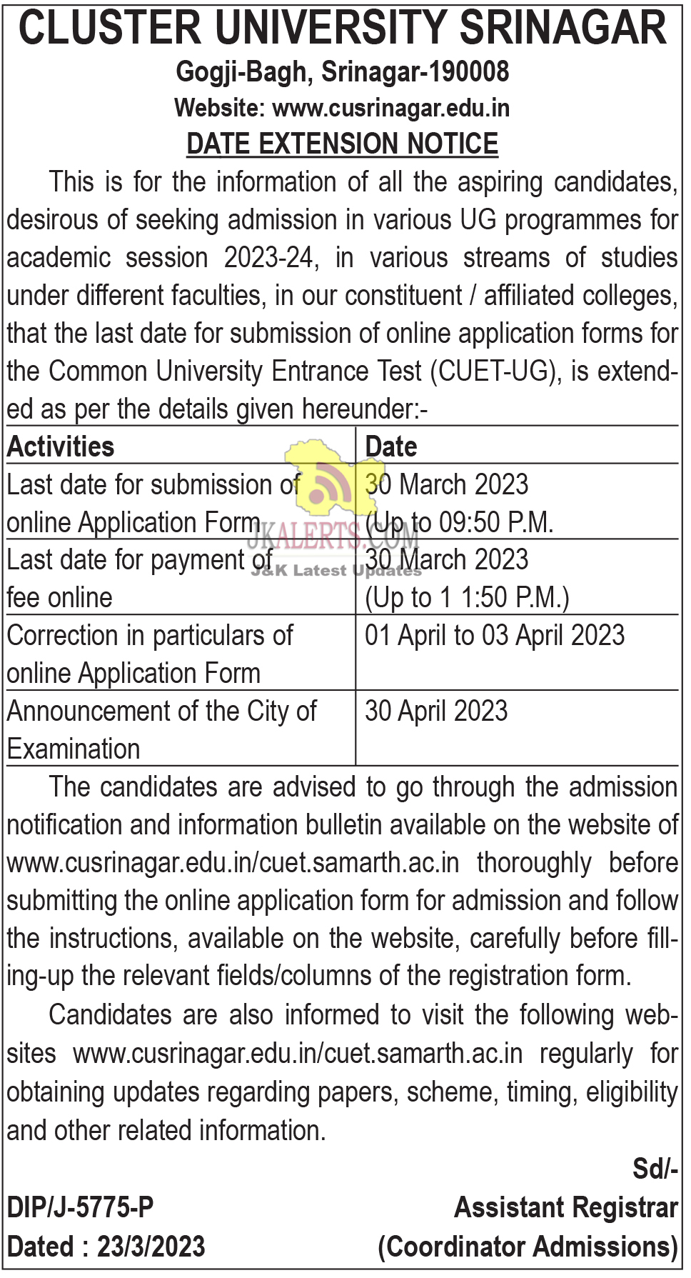 Cluster University Srinagar UG Programmes Admission Notice.