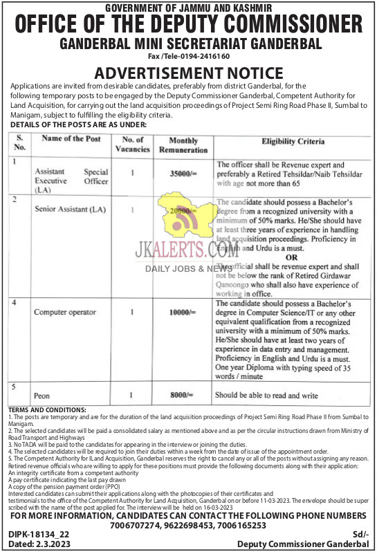 DC Ganderbal invites applications for various Posts for Land Acquisition proceedings