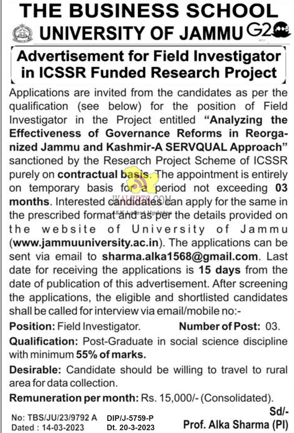 Field Investigator Job in Jammu University.