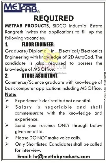 Floor Engineer and Store Assistant Jobs in Metfab Products, SIDCO
