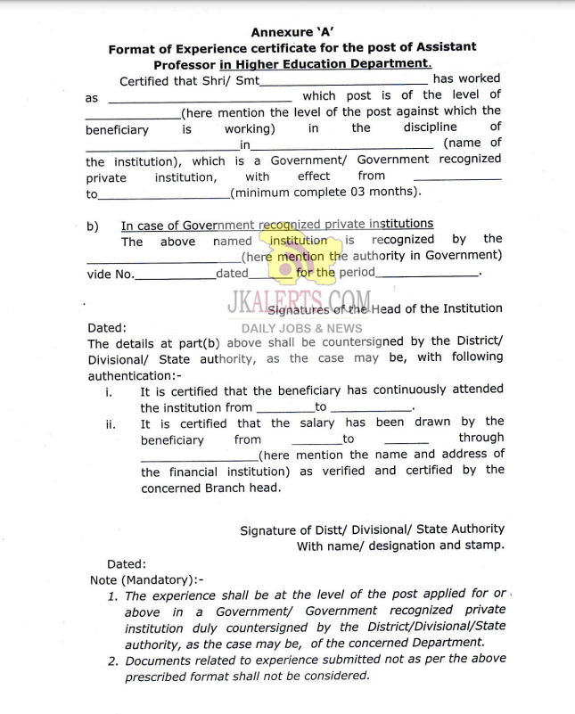 Format of Experience certificate for post of Assistant Professor