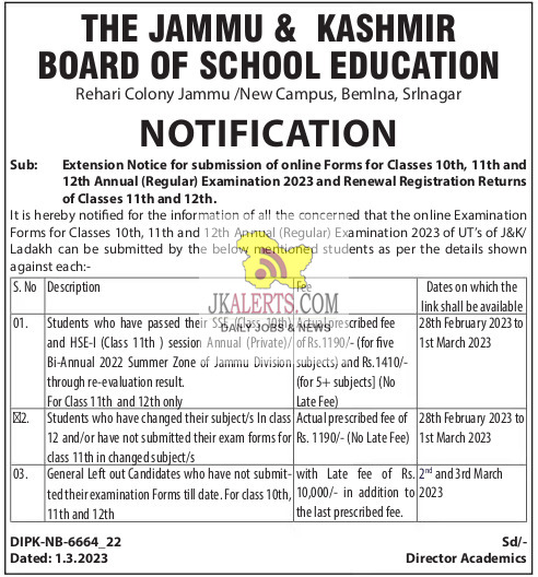 JKBOSE Extension Notice for Submission of Online forms Examination and RR.