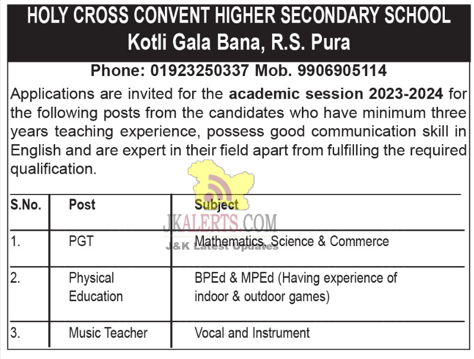 Job Vacancies at Holy Cross Convent Hr Sec School Jammu in 2023