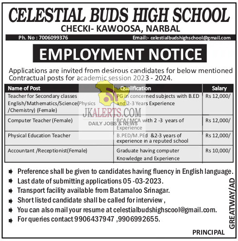 Jobs in Celestial Buds High School