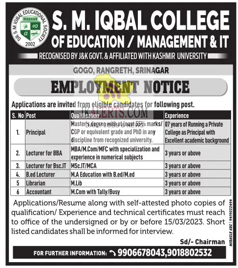Jobs in S.M. Iqbal College Of EducationManagement and IT