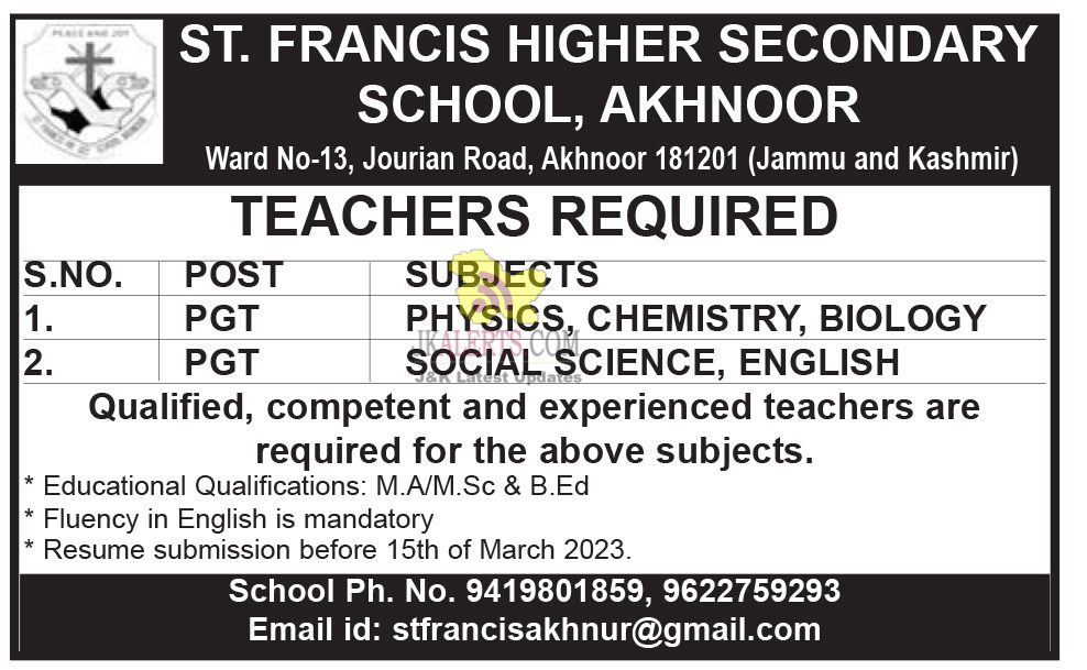 Jobs in St. Francis higher secondary school.