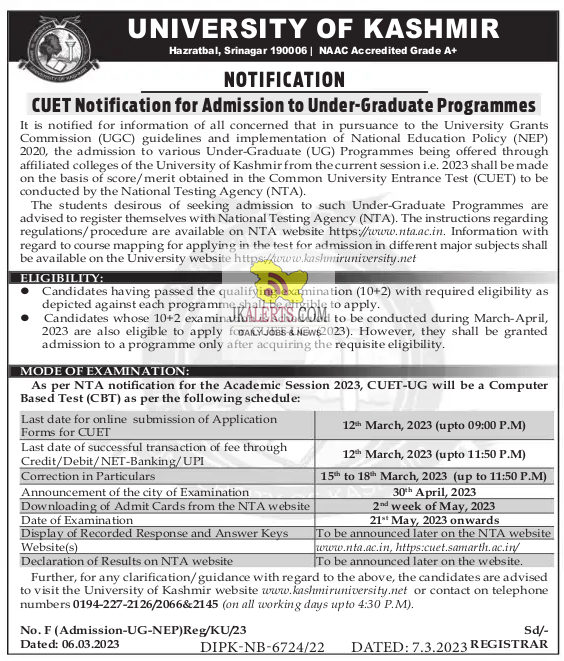 Kashmir University CUET Notice for Admission to UG-Programmes