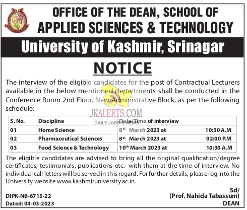 Kashmir University Lecturers Interview Notice.