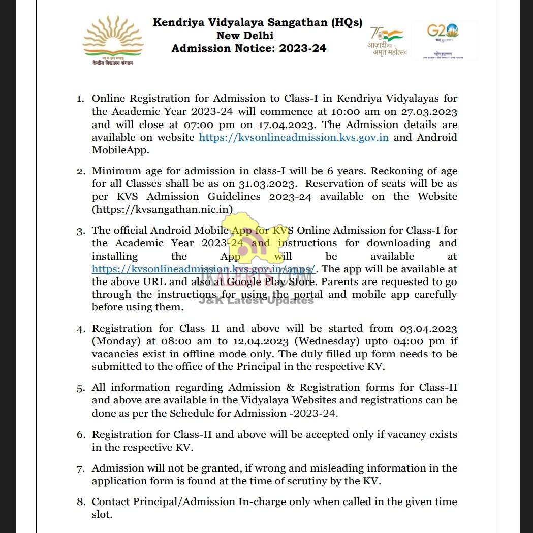 Kendriya Vidyalaya Sangathan Admission Notice 2023-24