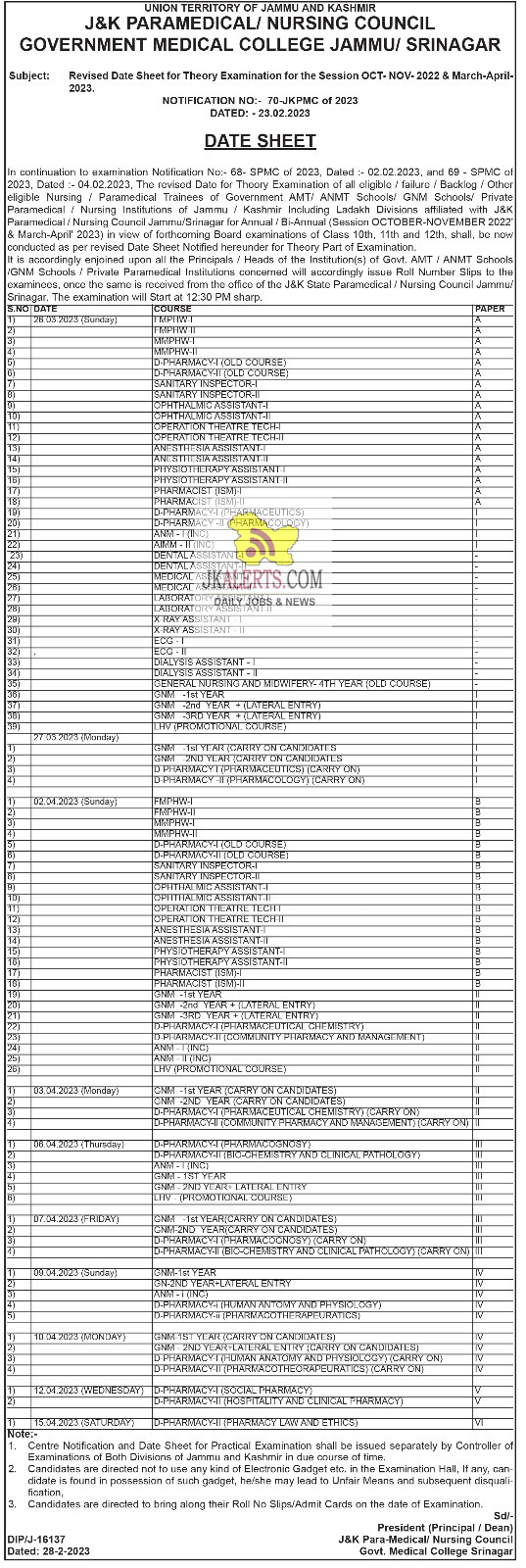 Revised Date Sheet JK Paramedical Nursing Council GMC