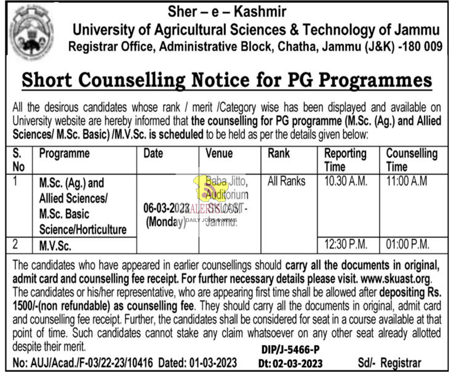 SKUAST Counselling Notice for PG Programmes