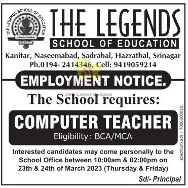 The Legends School of Education Jobs Recruitment 2023.