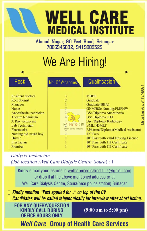 Various jobs in Well Care Medical Institute.