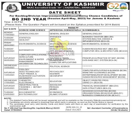 BG 2nd Year Datesheet Kashmir University.