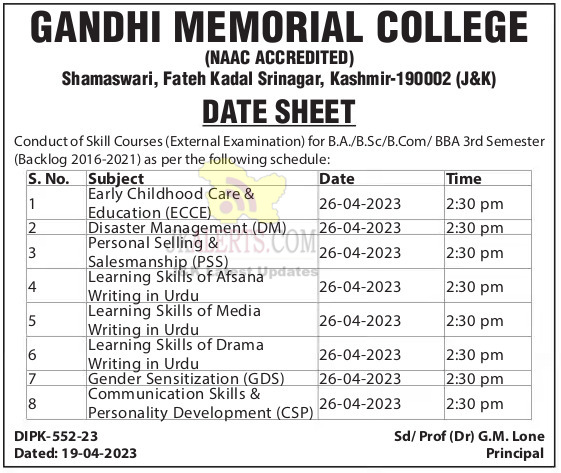 Datesheet for B.A.B.ScB.Com BBA 3rd Semester Gandhi memorial college.