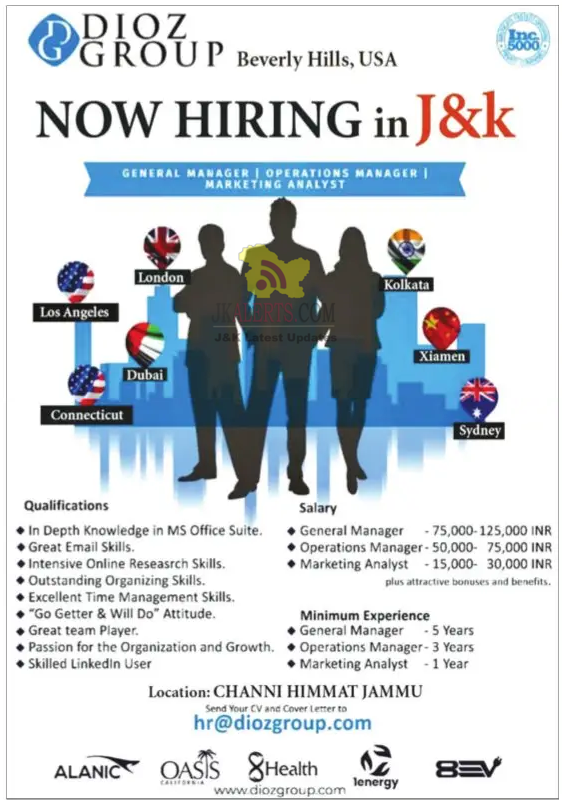 Dioz Group US Based Company Hiring in J&K Salary upto 1,25,000