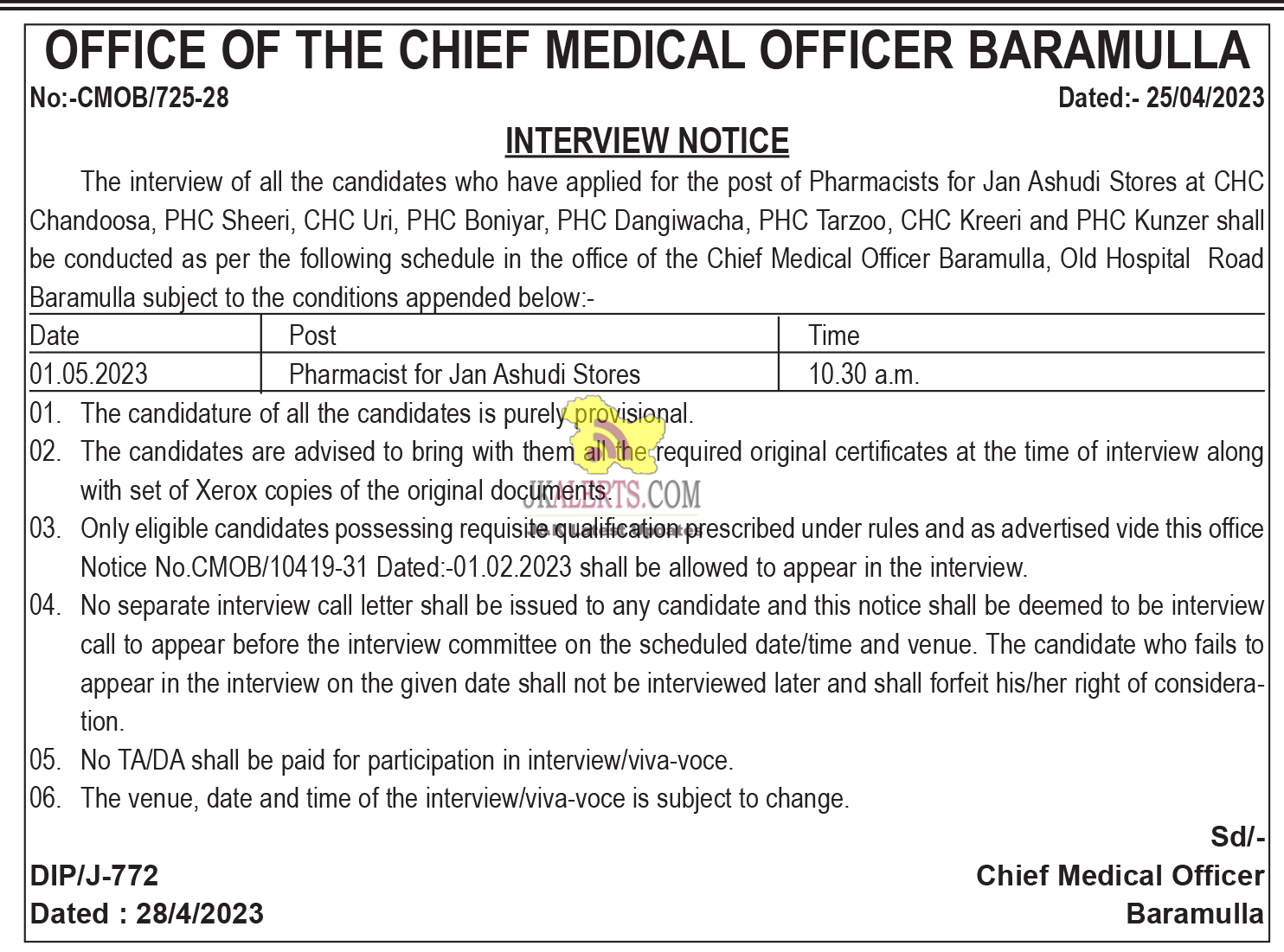Interview Notice for the post of Pharmacists CMO Baramulla.