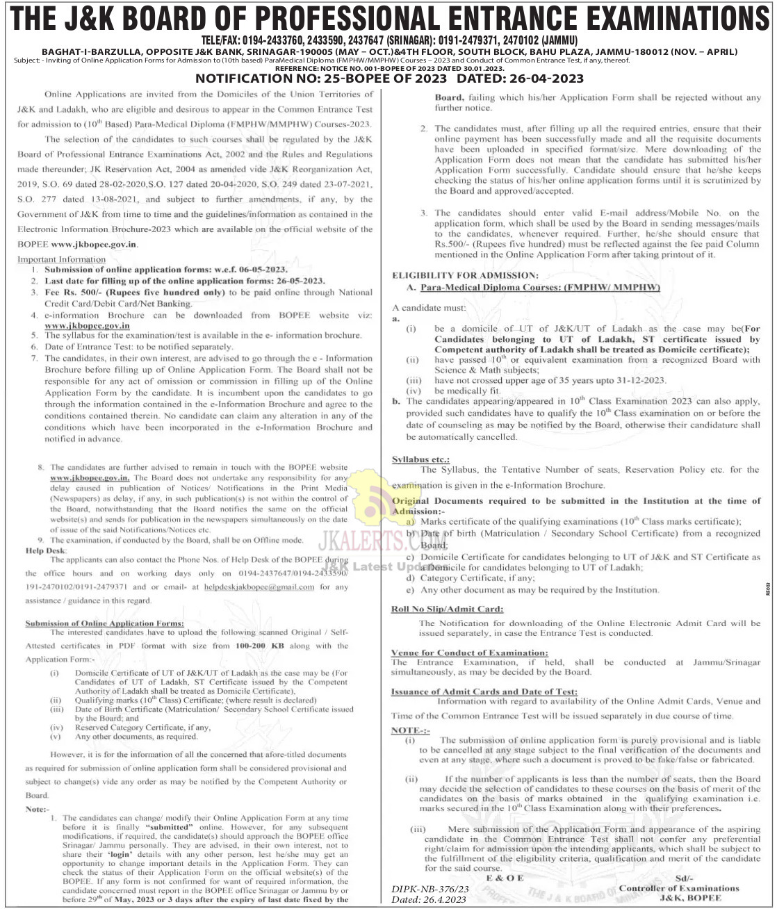 JKBOPEE Admission for Paramedical Courses and Conduct of Common Entrance Test.