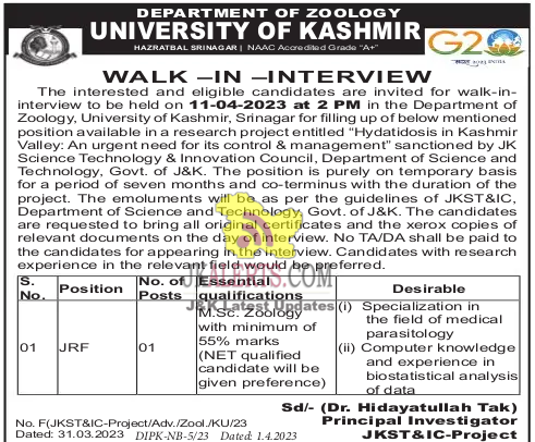 JRF Walk-In-Interview University of Kashmir