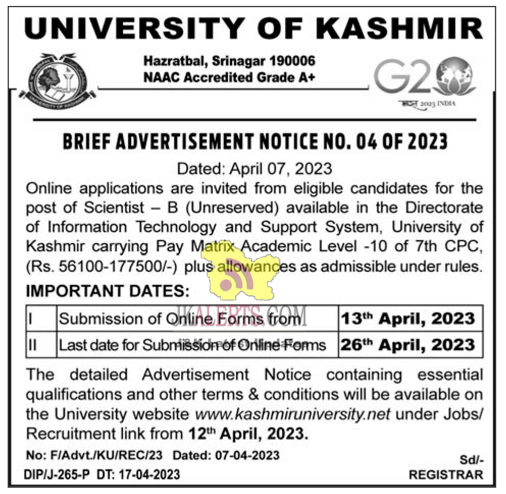 Job Recruitment in University of Kashmir.
