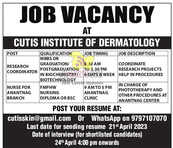 Jobs in Cutis Institute of Dermatology.