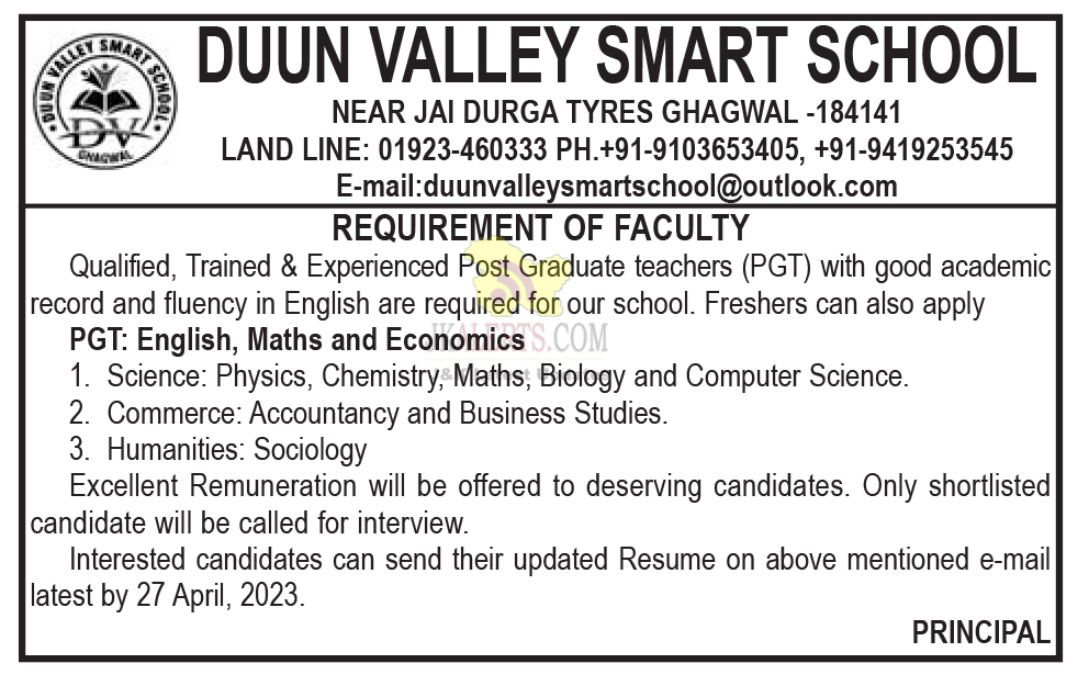Jobs in Duun Valley Smart School.