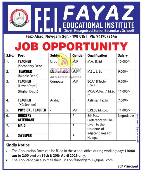 Jobs in Fayaz Educational Institute