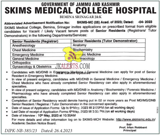 Jobs in SKIMS Medical College Hospital.