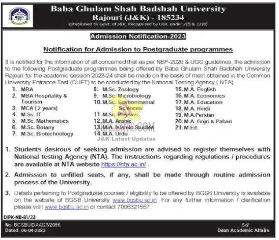 PG Programmes Admission Notice to Baba Ghulam Shah Badshah University