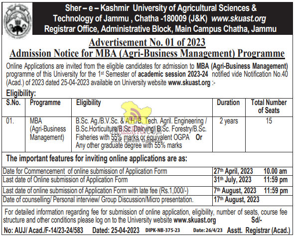 SKUAST Jammu Admission Notice for MBA (Agri-Business Management).