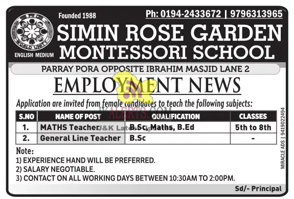Simin Rose Garden Montessori School Srinagar Jobs Recruitment 2023
