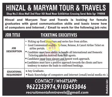 Ticketing Executive jobs in Hinzal and Maryam Tour and Travels.