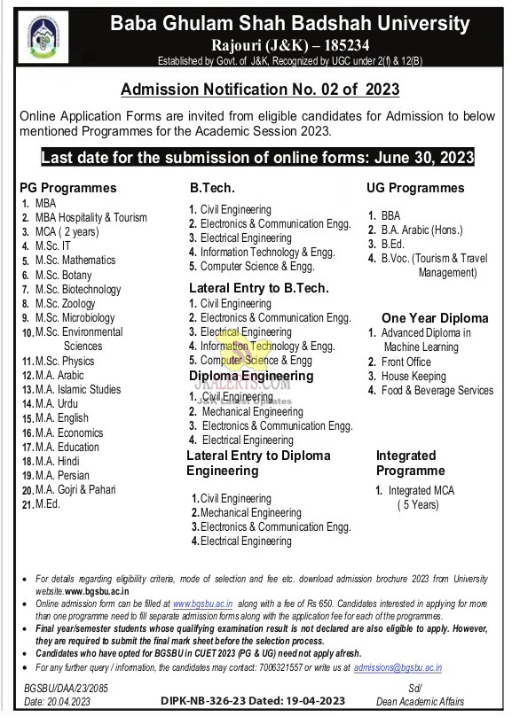 Various Courses Offered by Baba Ghulam shah Badshah University.