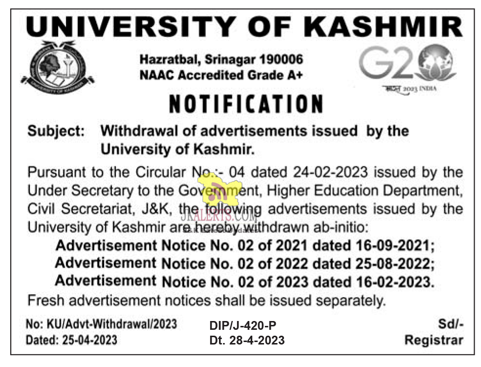 Withdrawal of advertisements issued by the University of Kashmir.