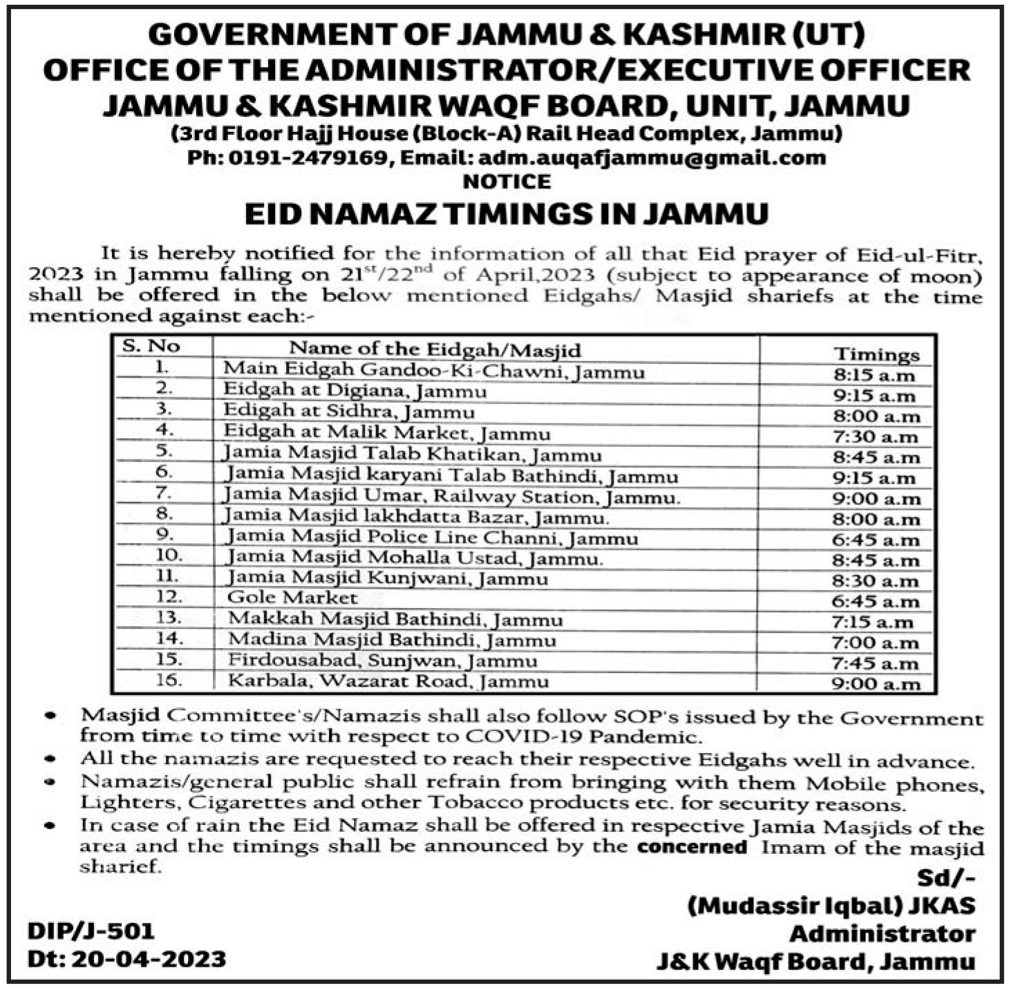 EID Namaz Timings in Jammu.