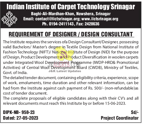 Designerdesign consultant Jobs in IICT Srinagar.