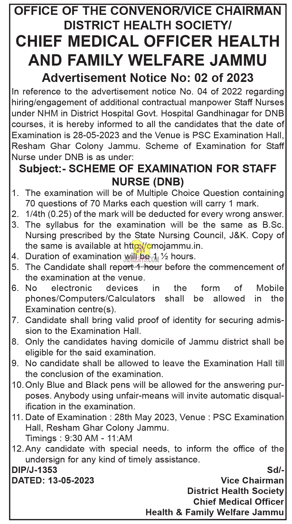 Fresh Recruitment for Staff Nurses in District Hospital Jammu