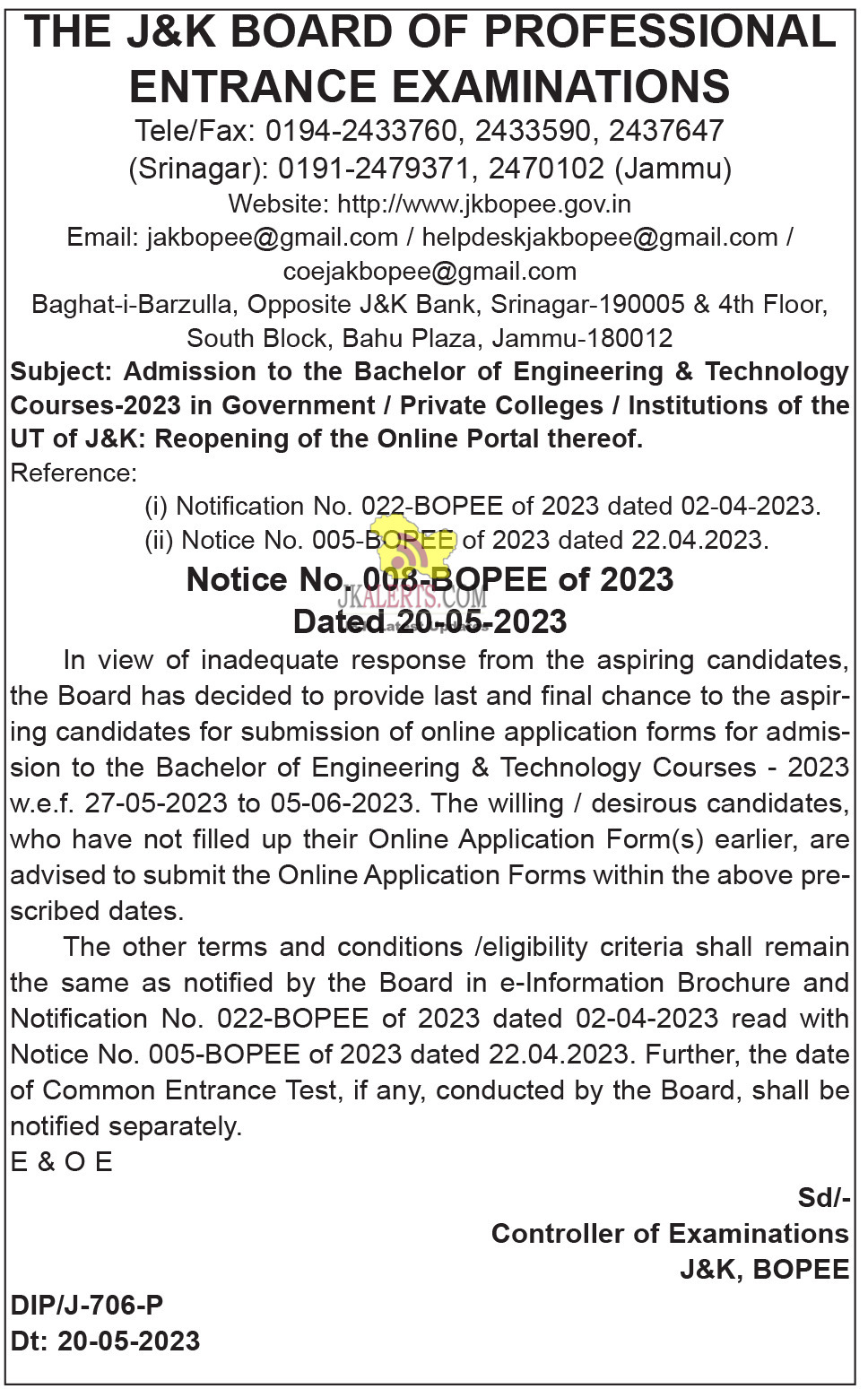 JKBOPEE Admission to Bachelor of Engineering & Technology Courses-2023.