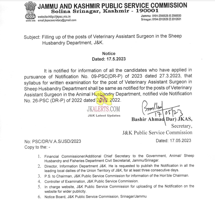 JKPSC Syllabus Notification for the post of Veterinary Assistant Surgeon.