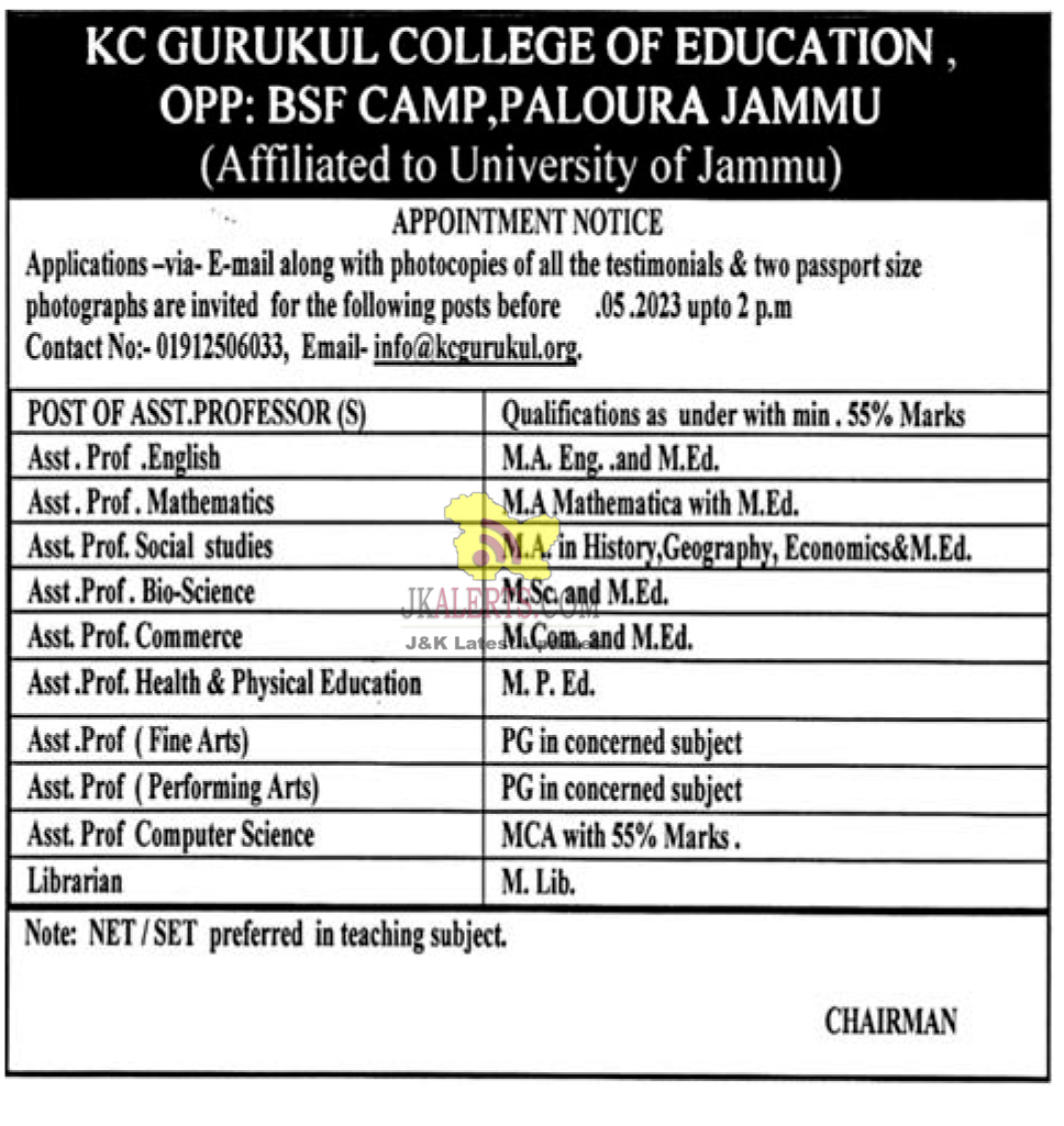 Job Recruitment in KC GURUKUL College of Education Jammu