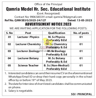 Job Recruitment in Qamria Model Hr. Sec Educational Institute 2023