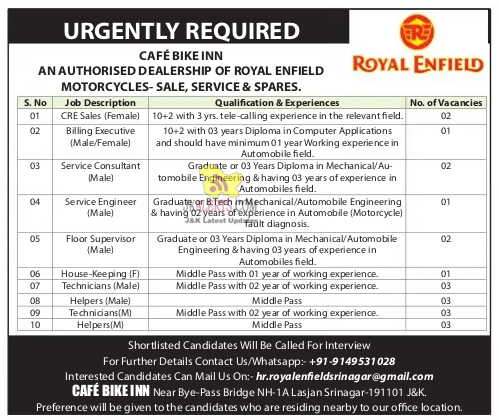 Job Recruitment in Royal Enfield Srinagar