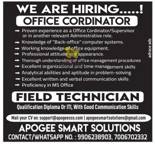 Office Coordinator and Field Technician Jobs.