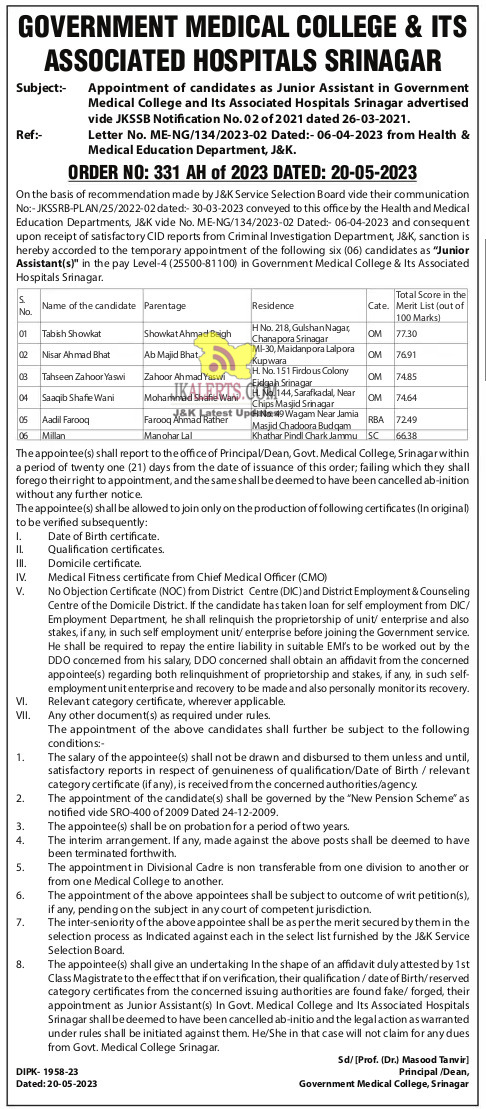 Selection List for the Post of Junior Assistant in Government medical college & its associated hospitals