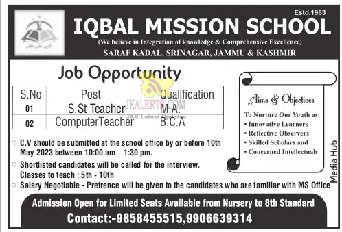 Teacher jobs in Iqbal Mission School.