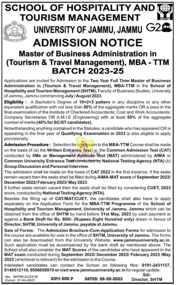 University of Jammu Admission Notice for MBA-TTM Batch 23-25.