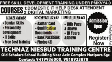 Admission Open for Various Courses by Technaz Niesbud Training Centre.